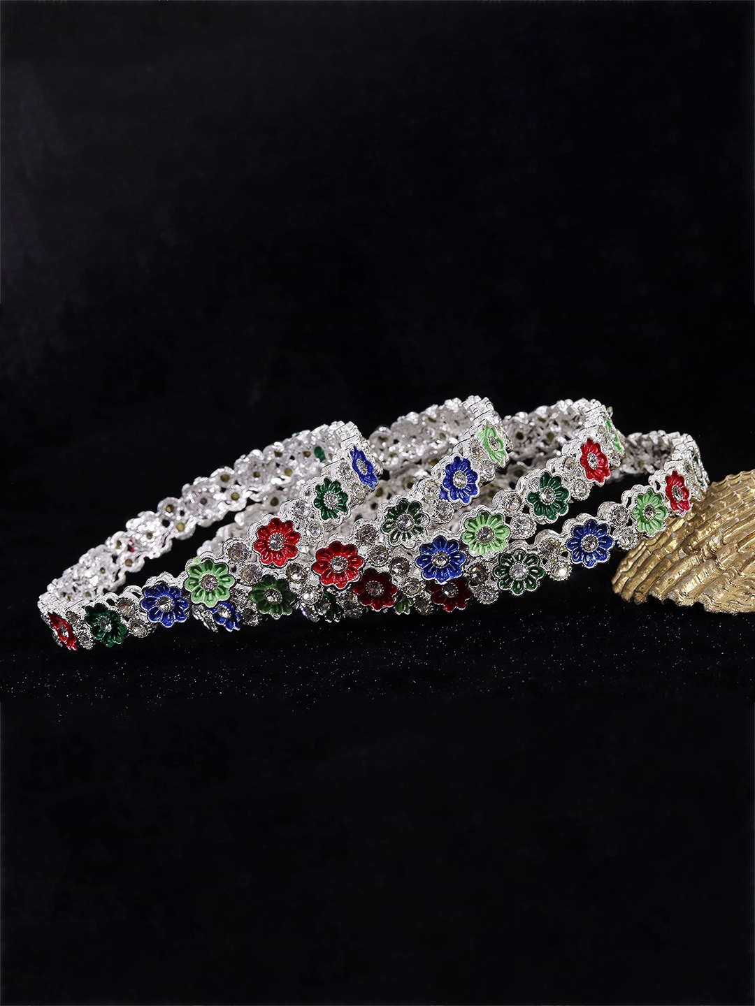 

ZULKA Set of 4 Metal With Zircon Gemstone MeenaKari Kada, Multi