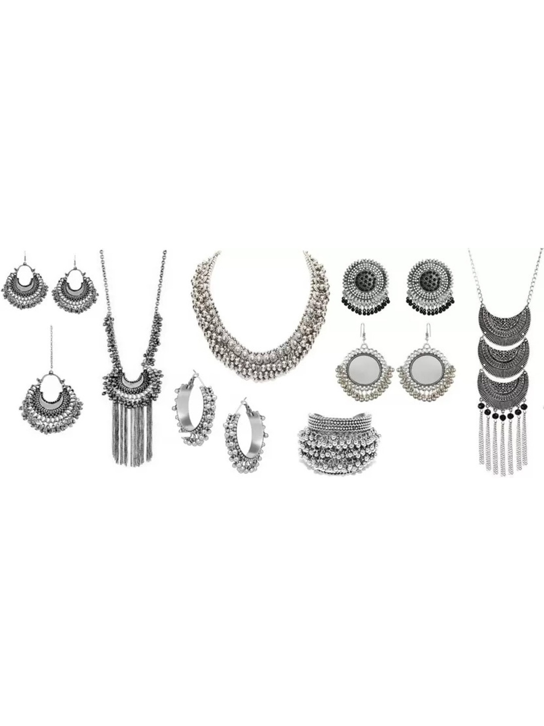 

SUNHARI Set of 3 Silver Oxidised Stone-Studded Jewellery Sets