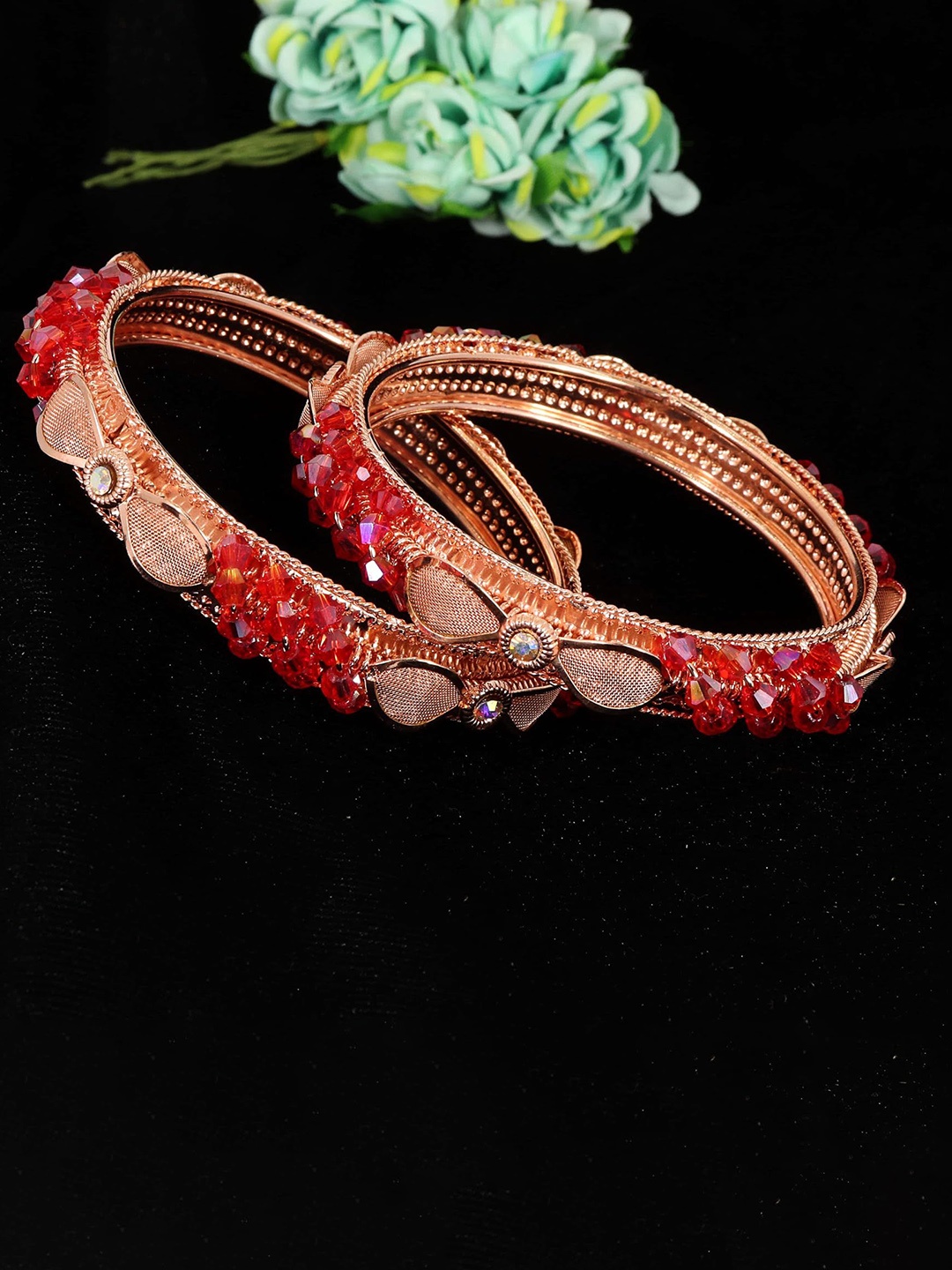 

ZULKA Set of 2 Rose-Gold Plated Metal with Pearls & Zircon Stone Bangles Kada, Red