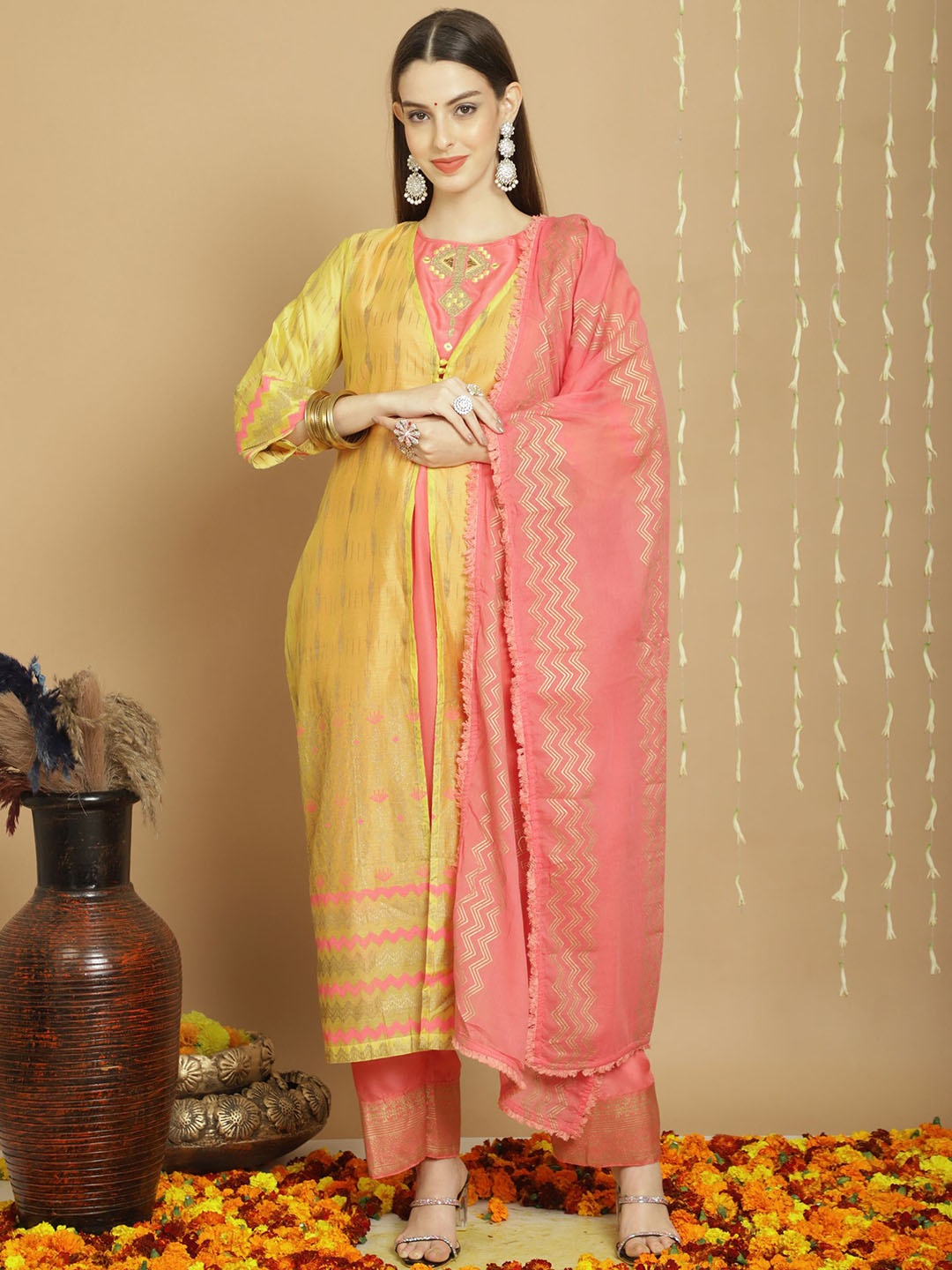 

KSM PRINTS Ethnic Motifs Embroidered Semi-Stitched Dress Material, Mustard