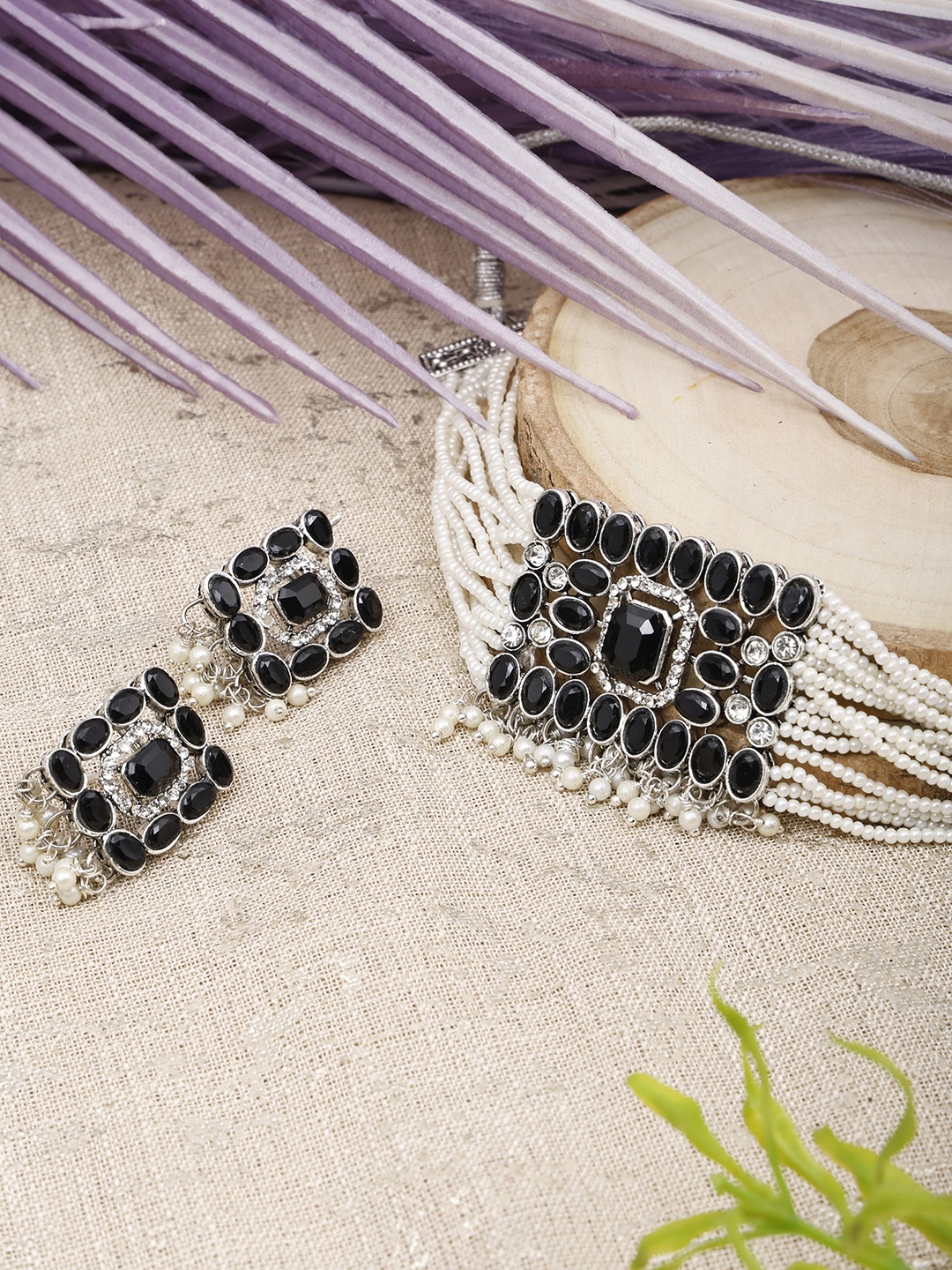 

SUNHARI Stone Studded & Beaded Jewellery Set, Black