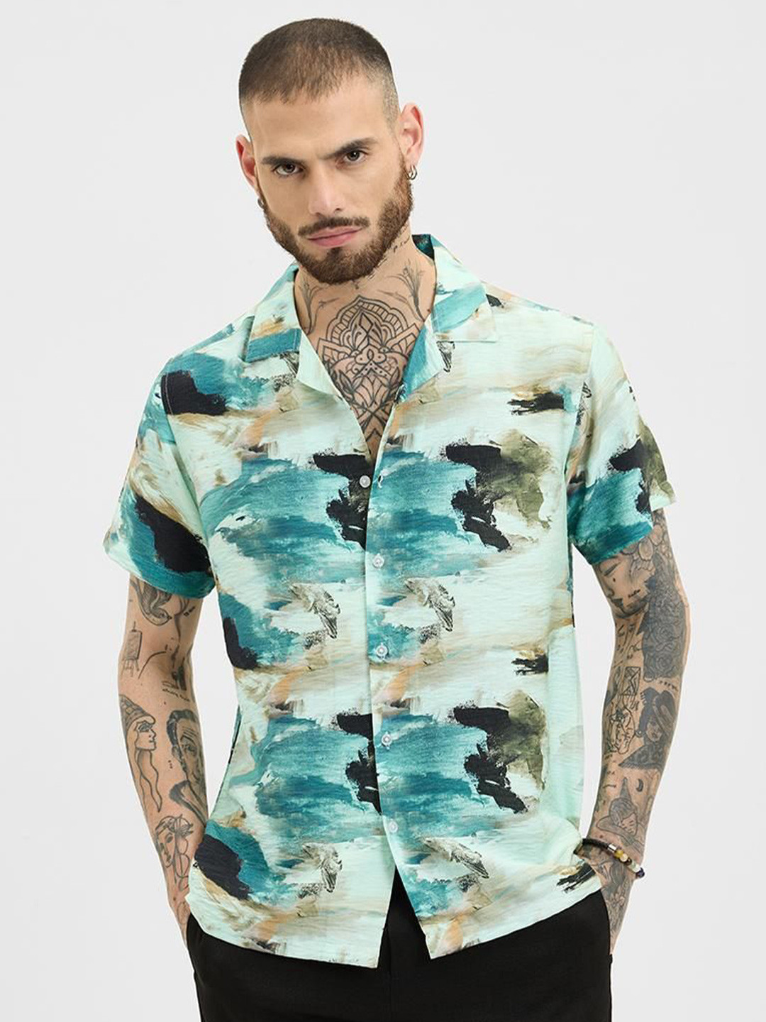 

Snitch Men Relaxed Cuban Collar Abstract Printed Casual Shirt, Turquoise blue