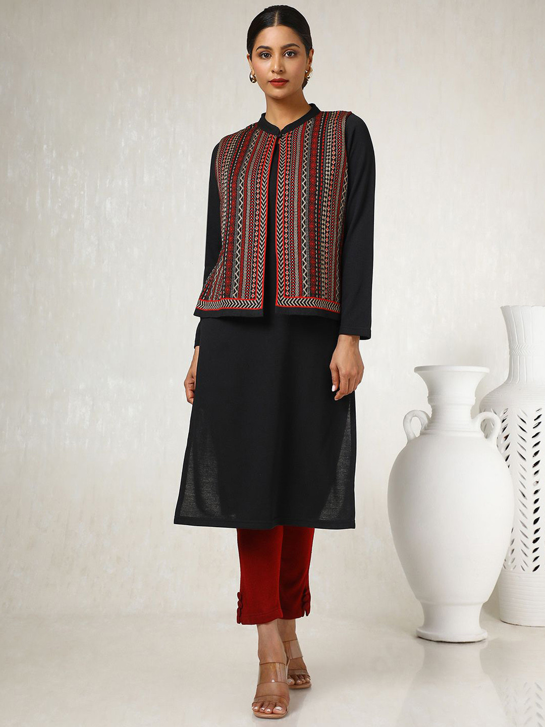 

Soch Women Woven Design Winter Kurta, Black