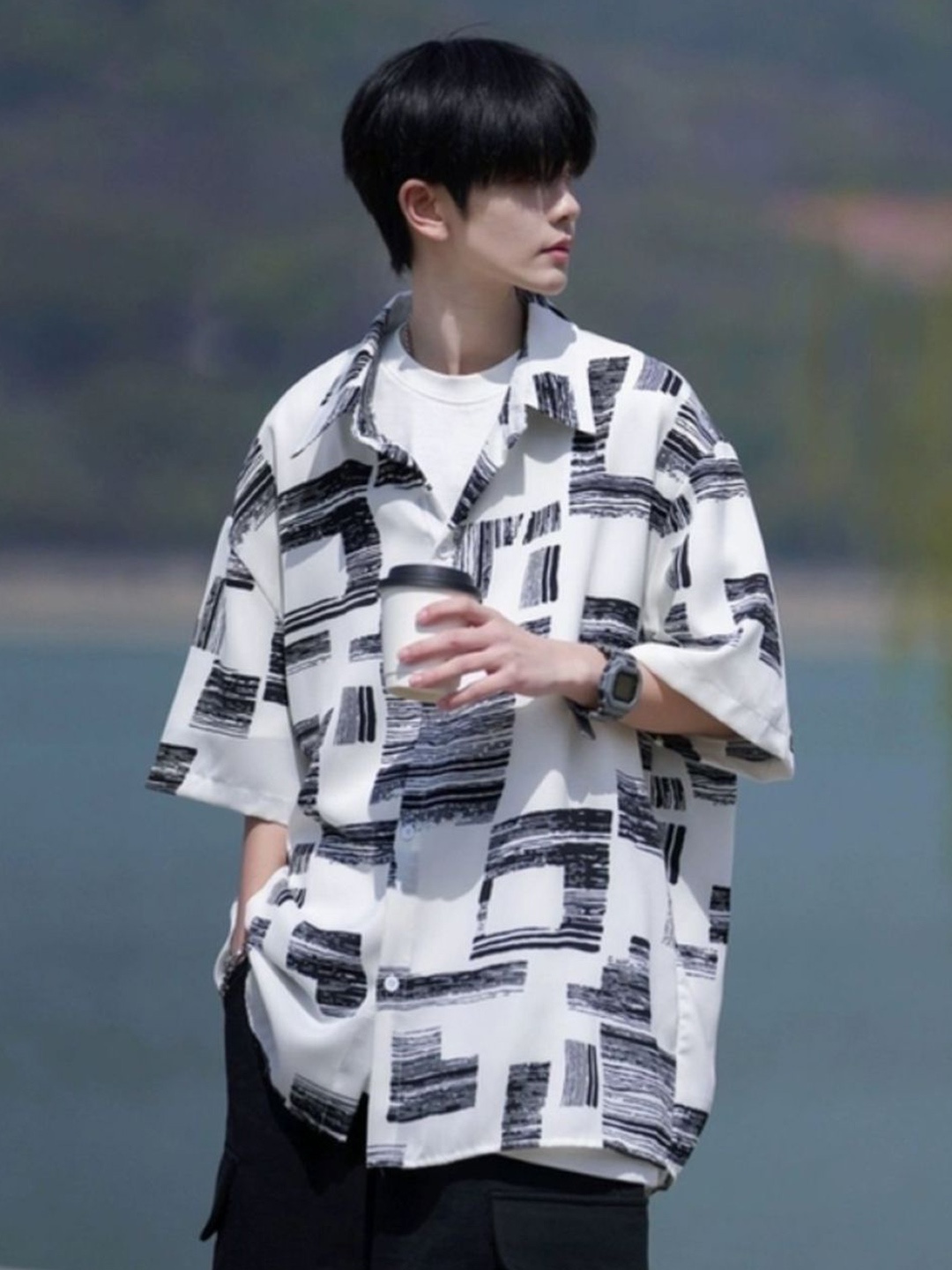 

HERE&NOW Men Original Abstract Printed Oversized Casual Shirt, White