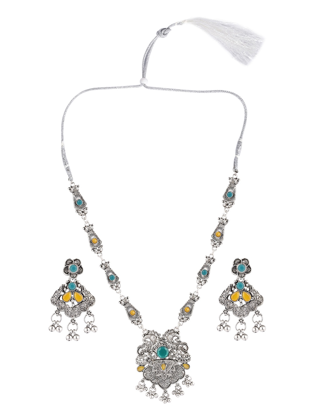 

SUNHARI Kundan Studded & Beaded Oxidised Jewellery Set, Silver