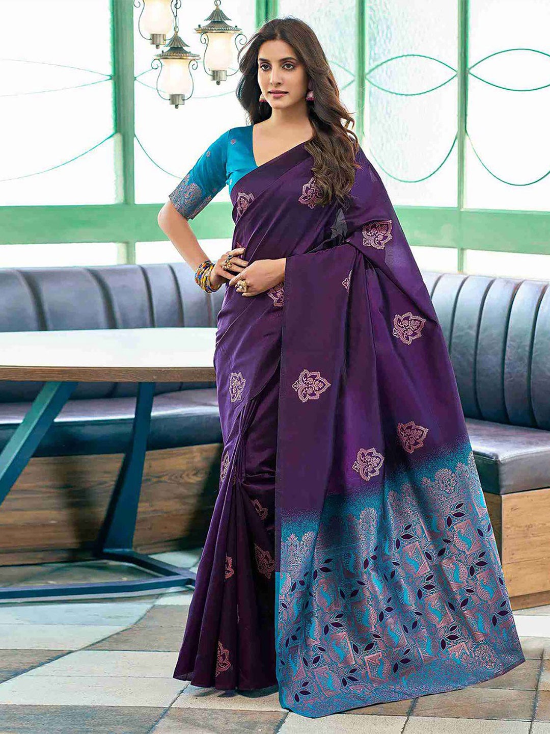 

Anjaneya Sarees Woven Design Zari Banarasi Saree, Purple