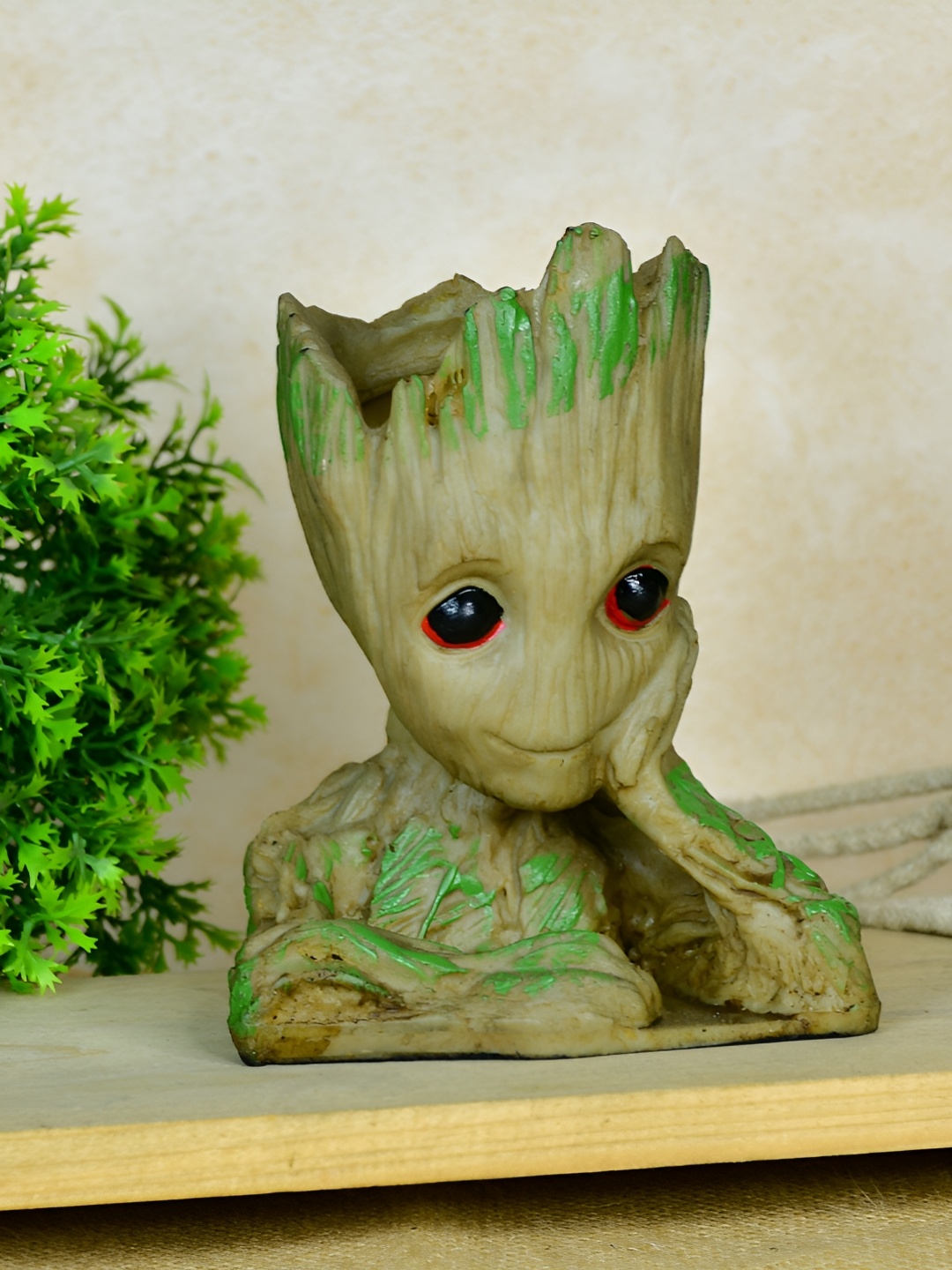 

SOWPEACE Beige & Green Printed Groot Figurine Planter Showpieces