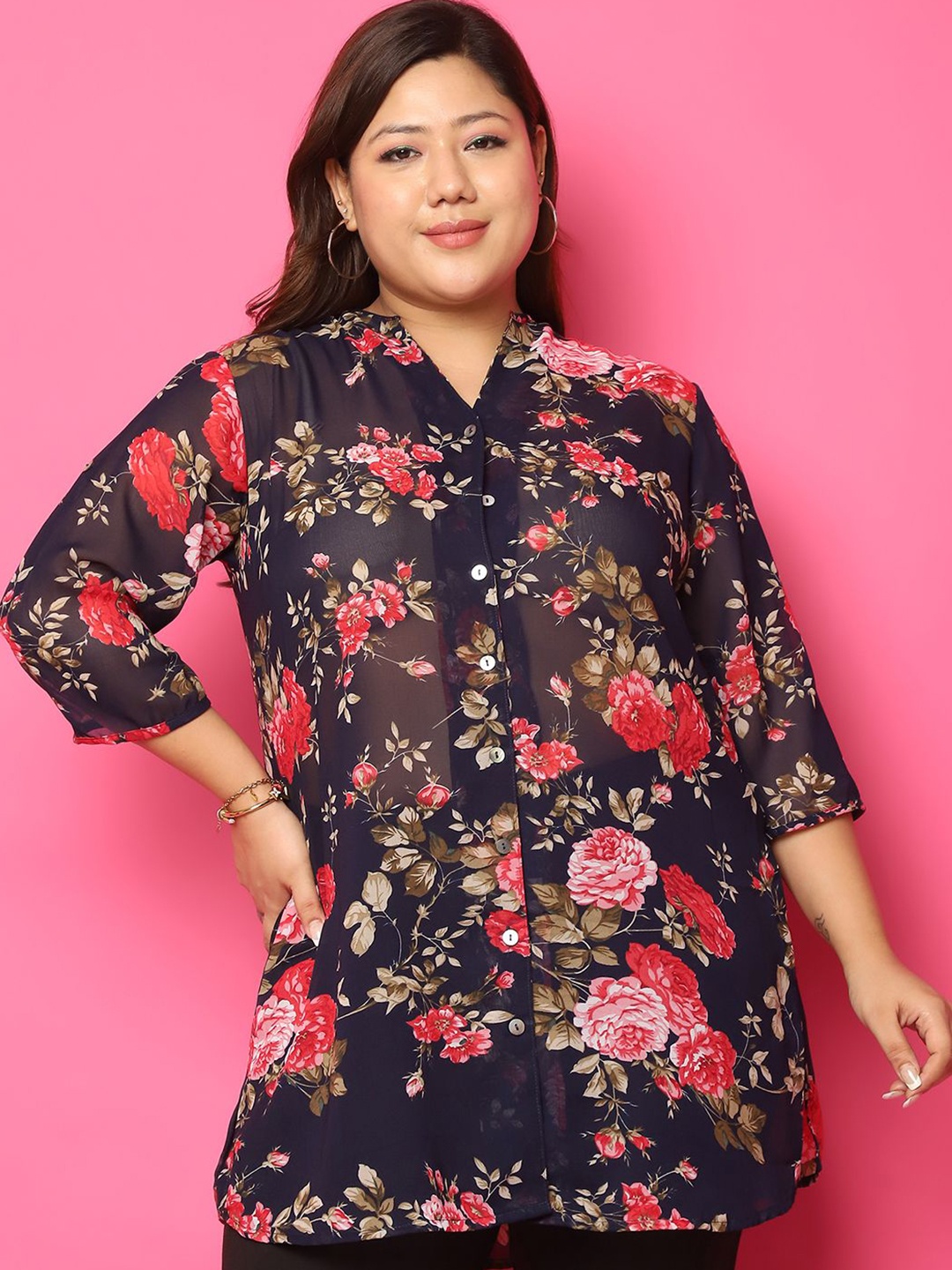 

theRebelinme Women Plus Size Relaxed Collarless Floral Printed Oversized Casual Shirt, Navy blue