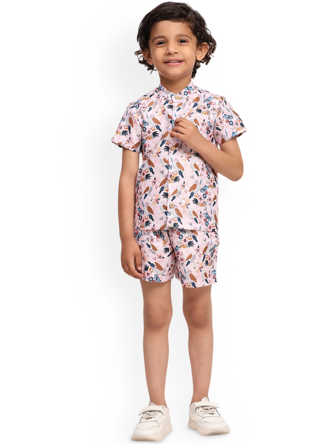 

Funny Bones Clothings Boys Printed Short Sleeves Linen Shirt With Shorts, Pink