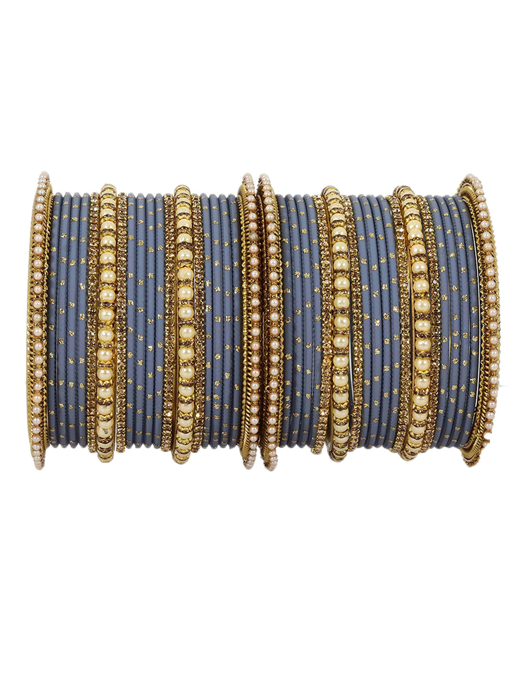 

ZULKA Set of 40 Non-Precious Metal Base Zircon Gemstone or Pearls Studded Bangles, Red