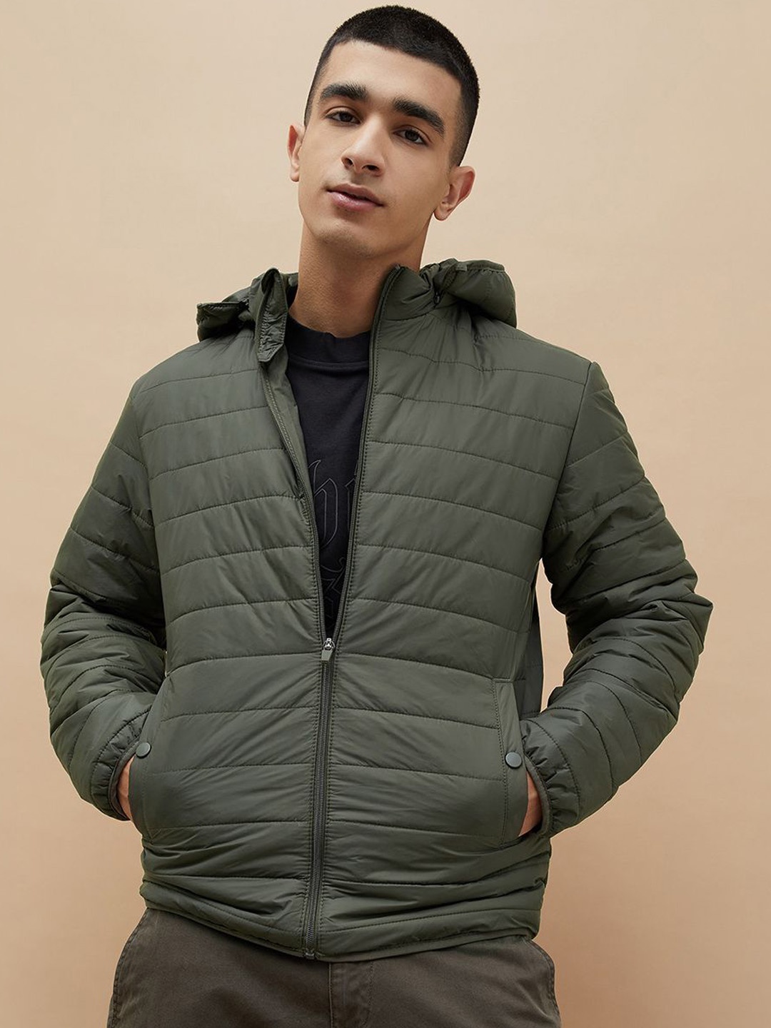 

Fame Forever by Lifestyle Men Hooded Solid Casual Bomber Jacket, Olive