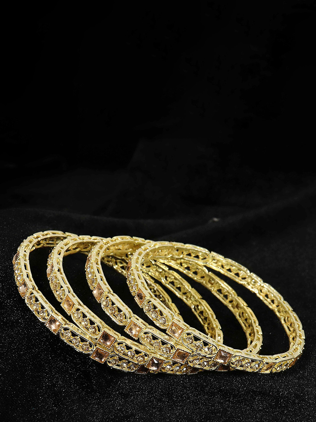 

Set of 4 Golden Zircon Stone & Kundan Mirror Work Premium Metal Bangles, Gold