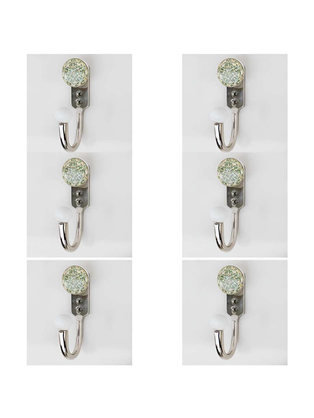 

IndianShelf Green & Silver-Toned 6 Pieces Floral Printed Ceramic & Zinc Wall Hooks