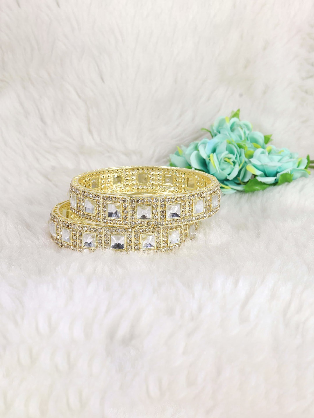

Set of 2 Golden Metal Zircon Diamond & Kundan Bangles, Gold