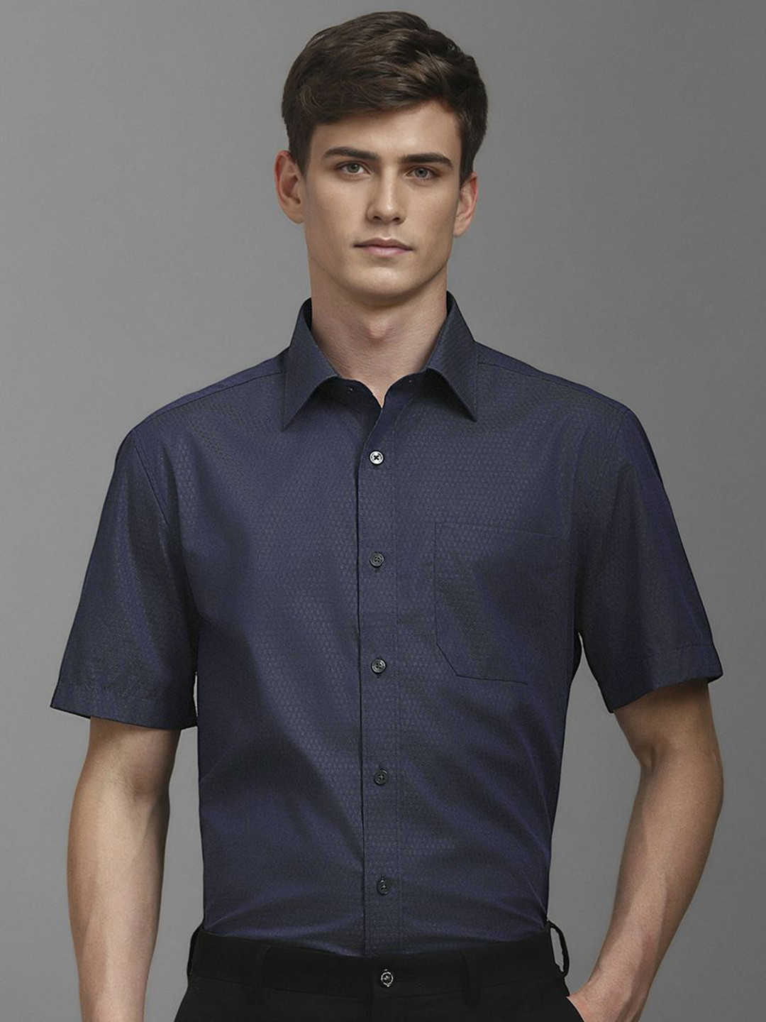 

Louis Philippe Men Classic Spread Collar Micro Ditsy Printed Cotton Formal Shirt, Navy blue