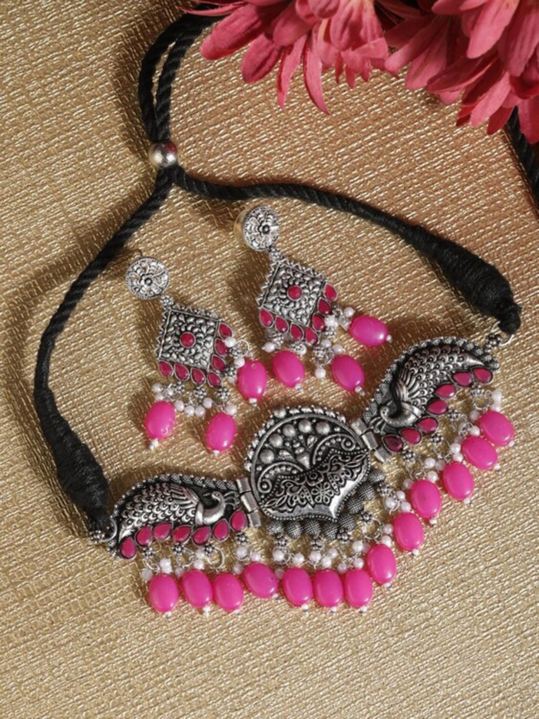 

SUNHARI Stone Studded & Beaded Oxidised Jewellery Set, Silver