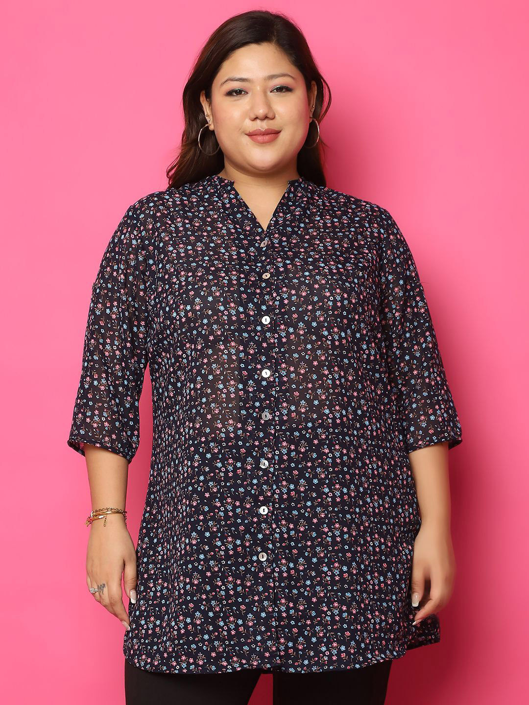 

theRebelinme Women Plus Size Relaxed Collarless Floral Printed Oversized Casual Shirt, Navy blue