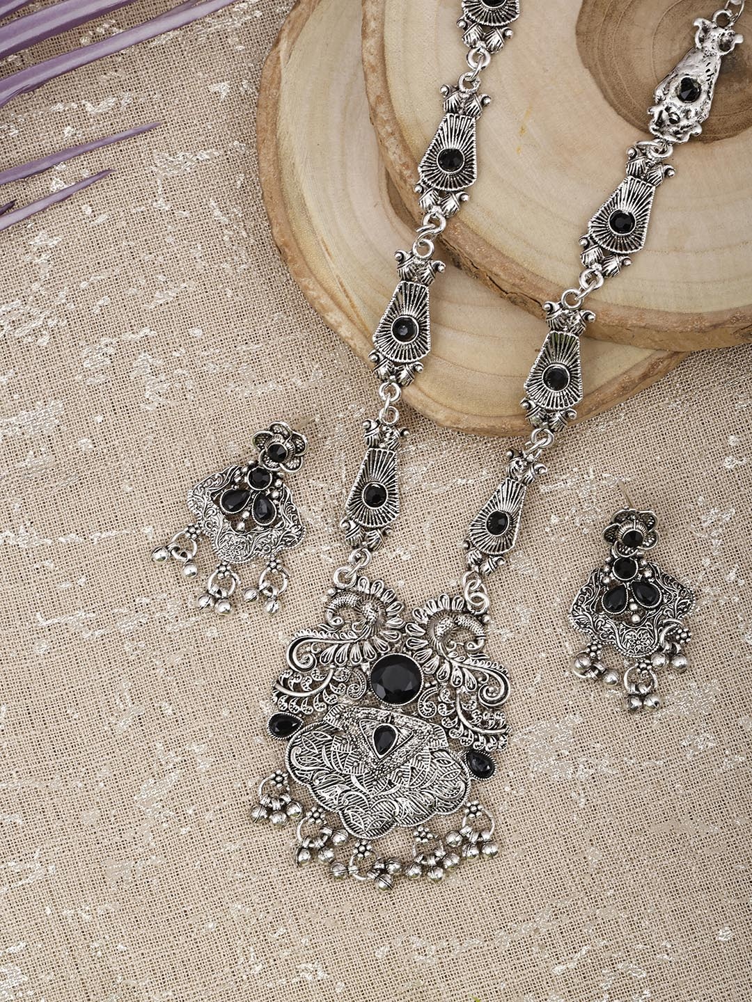 

SUNHARI Stone-Studded Leaf Peacock Design Jewellery Set, Silver