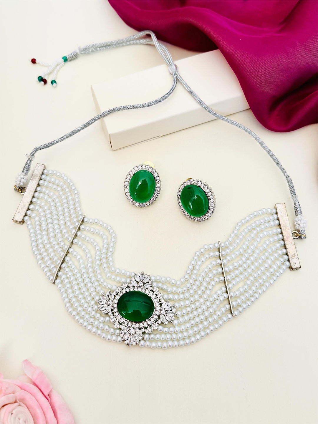 

ABDESIGNS Enchanting Silver-Plated Polki AD-Studded & Beaded Choker Jewellery Set