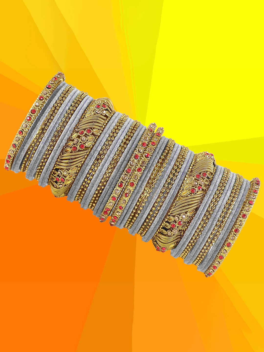 

ZULKA Pack Of 46 Artificial Stones and Beads Studded Bangles, Gold