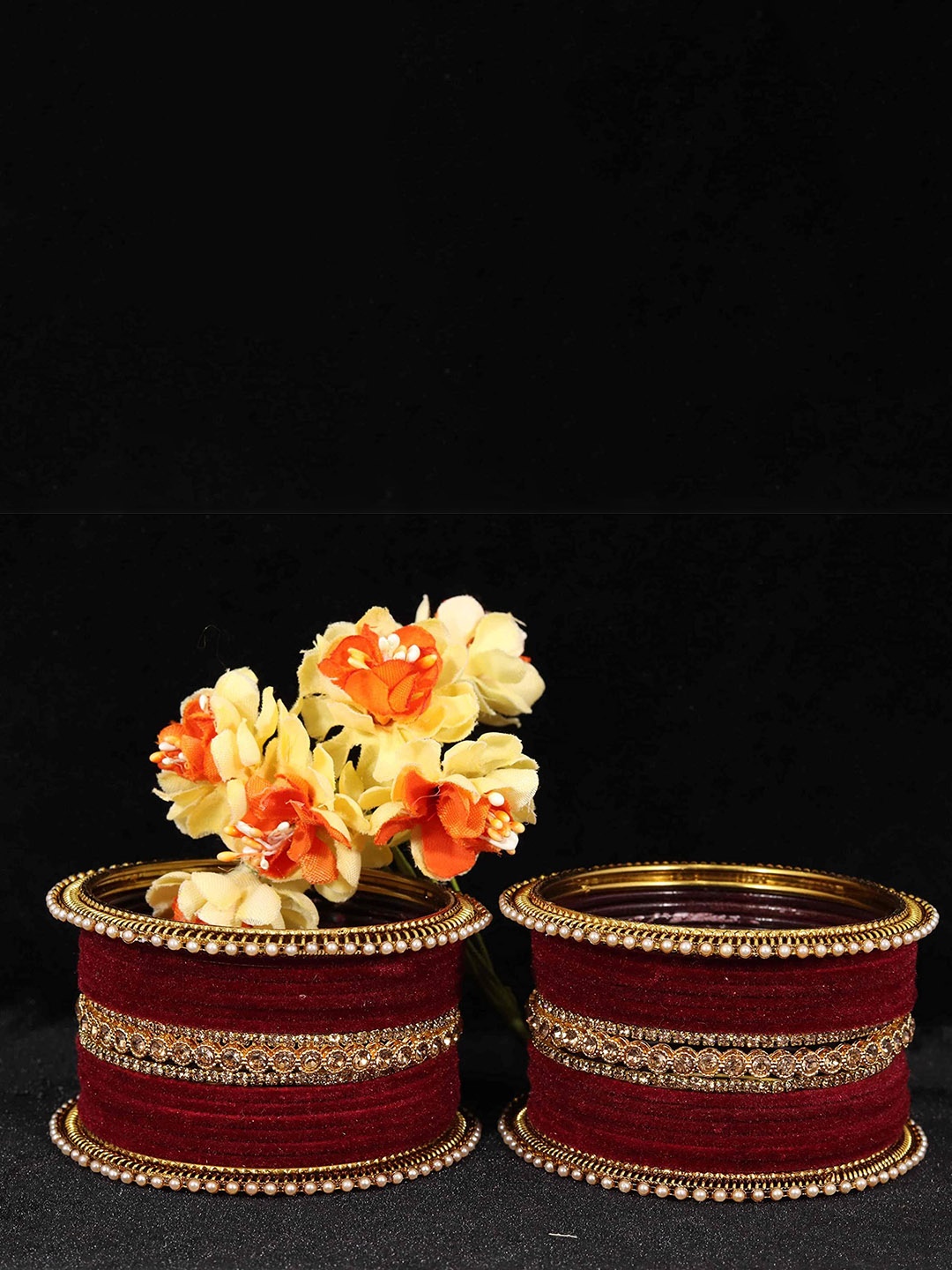 

ZULKA Set of 34 Zircon Diamond Stone & Pearls Studded Metal Bangles, Red