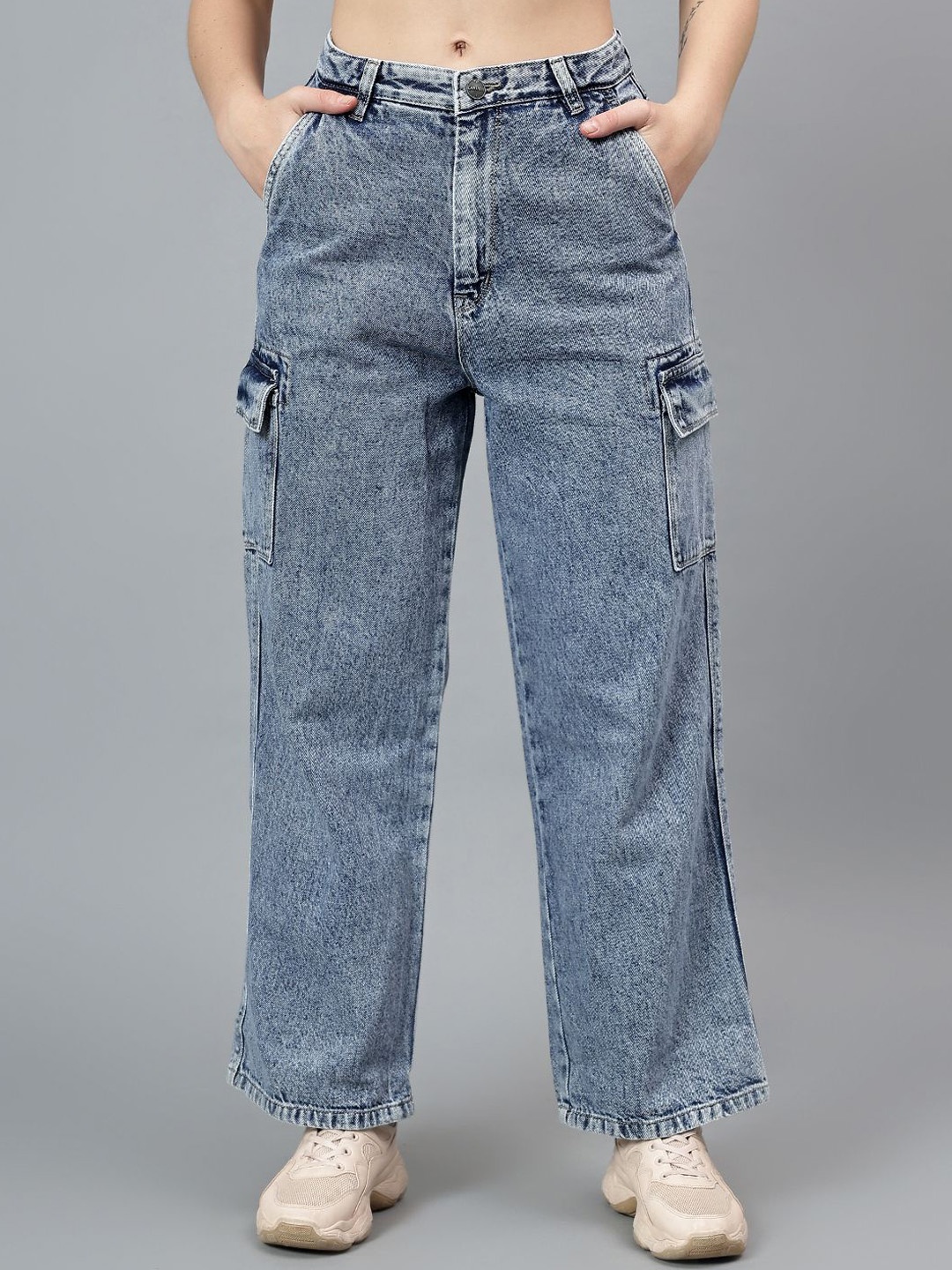 

Cantabil Women Wide Leg Light Fade Stretchable Cargo Styles Jeans, Blue