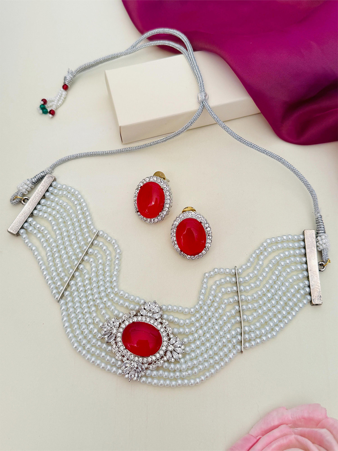 

ABDESIGNS Enchanting Silver-Plated Polki American Diamond-Studded Choker Jewellery Set