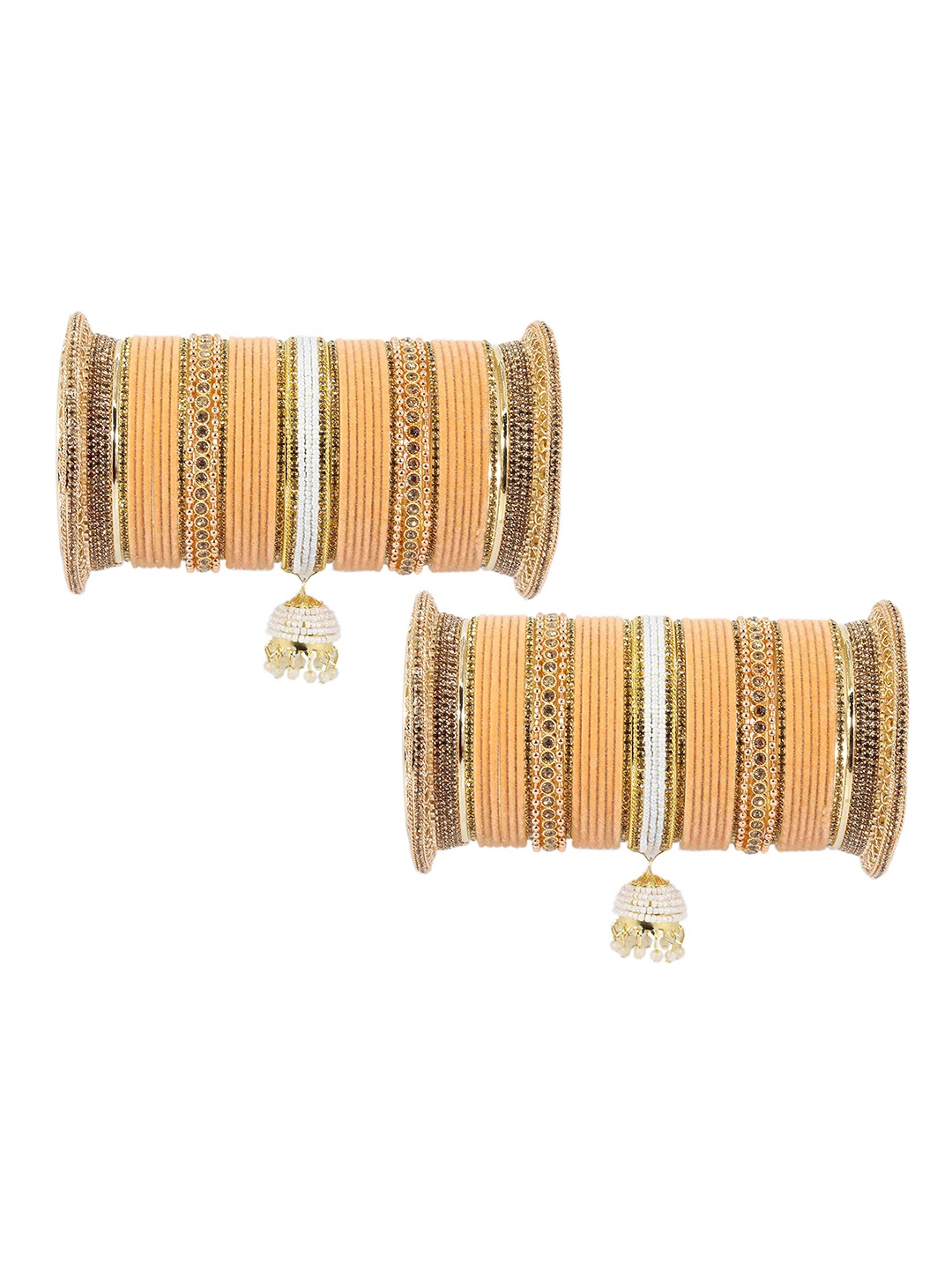 

ZULKA Set of 42 Metal Zircon Gemstone with Pearls Studded Bangles, Green