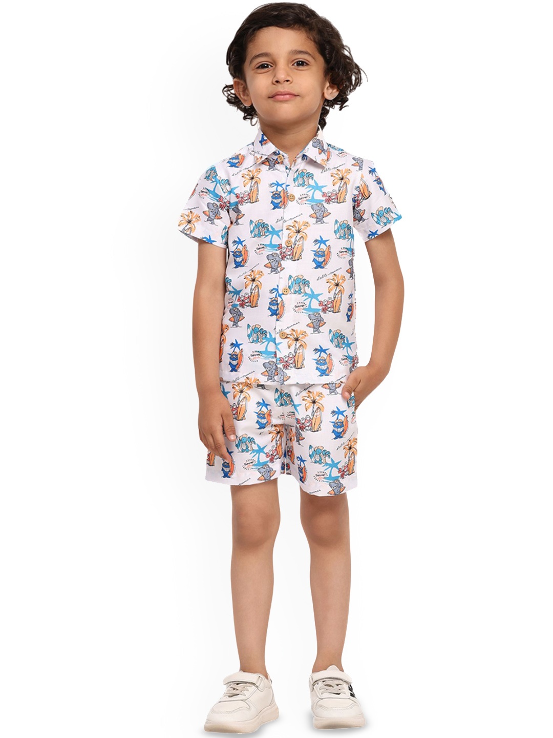 

Funny Bones Clothings Boys Printed Short Sleeves Linen Shirt With Shorts, White