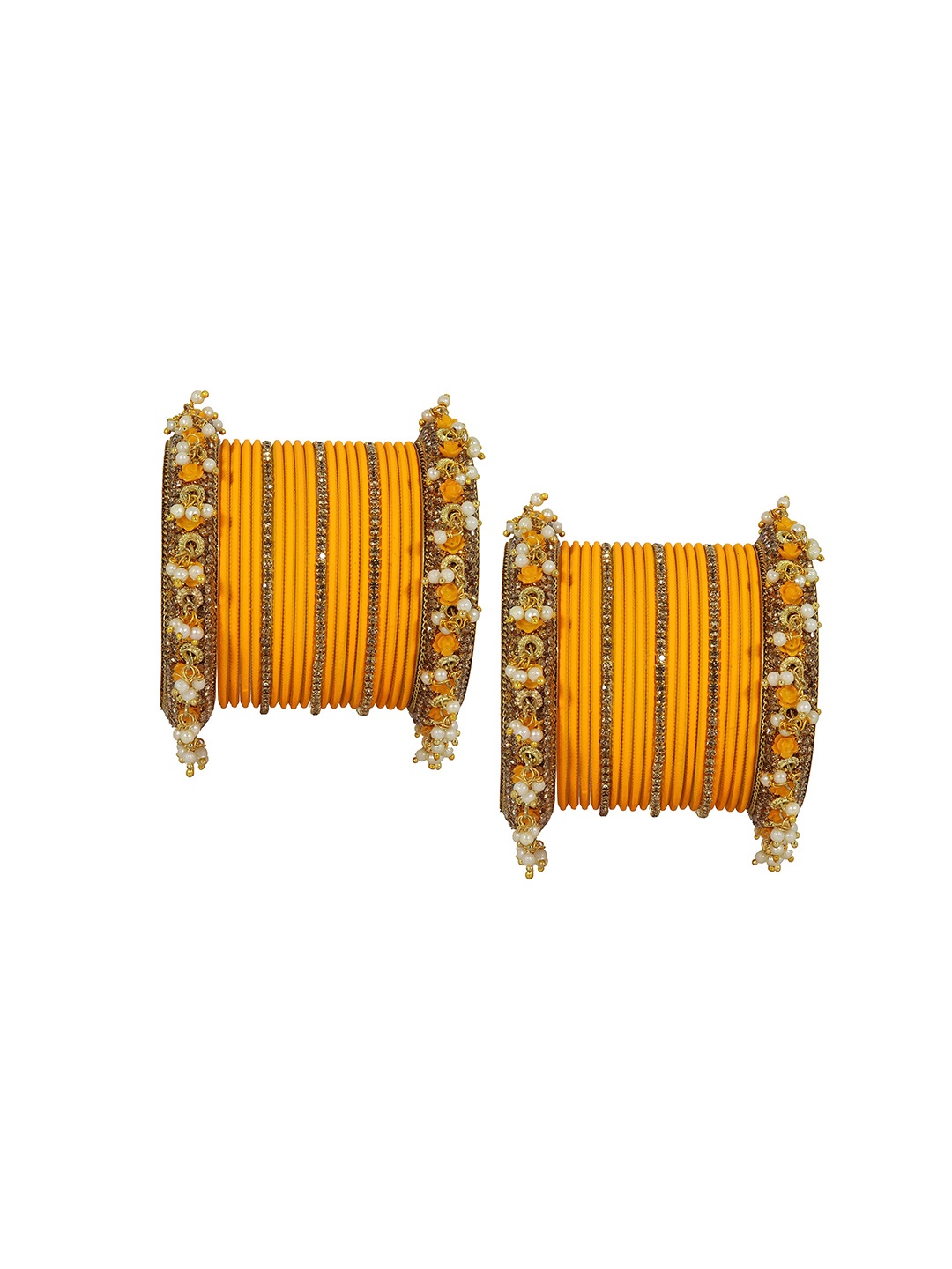 

ZULKA Set of 42 Zircon Gemstone and Pearl linked Metal Bangles, Yellow