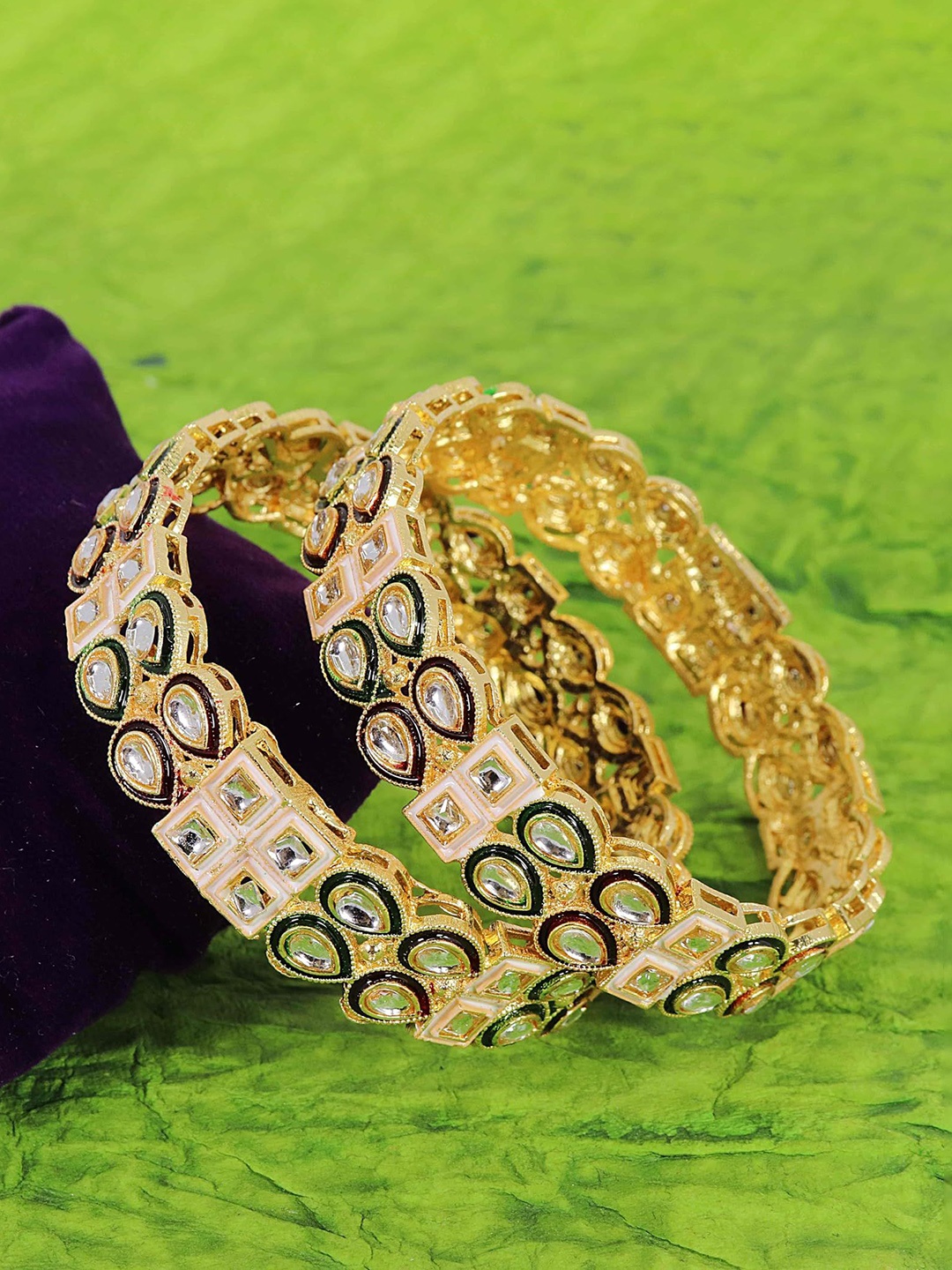 

ZULKA Set of 2 Traditional Zircon Stone & Kundan Mirror Work Metal Bangles, Gold