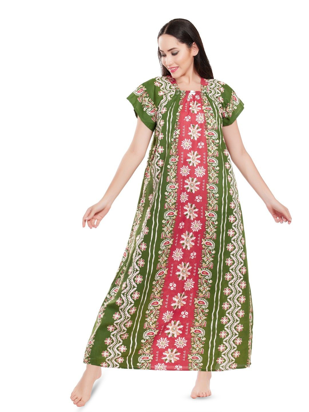 

Zionity Women Printed Maxi Nightdress, Green