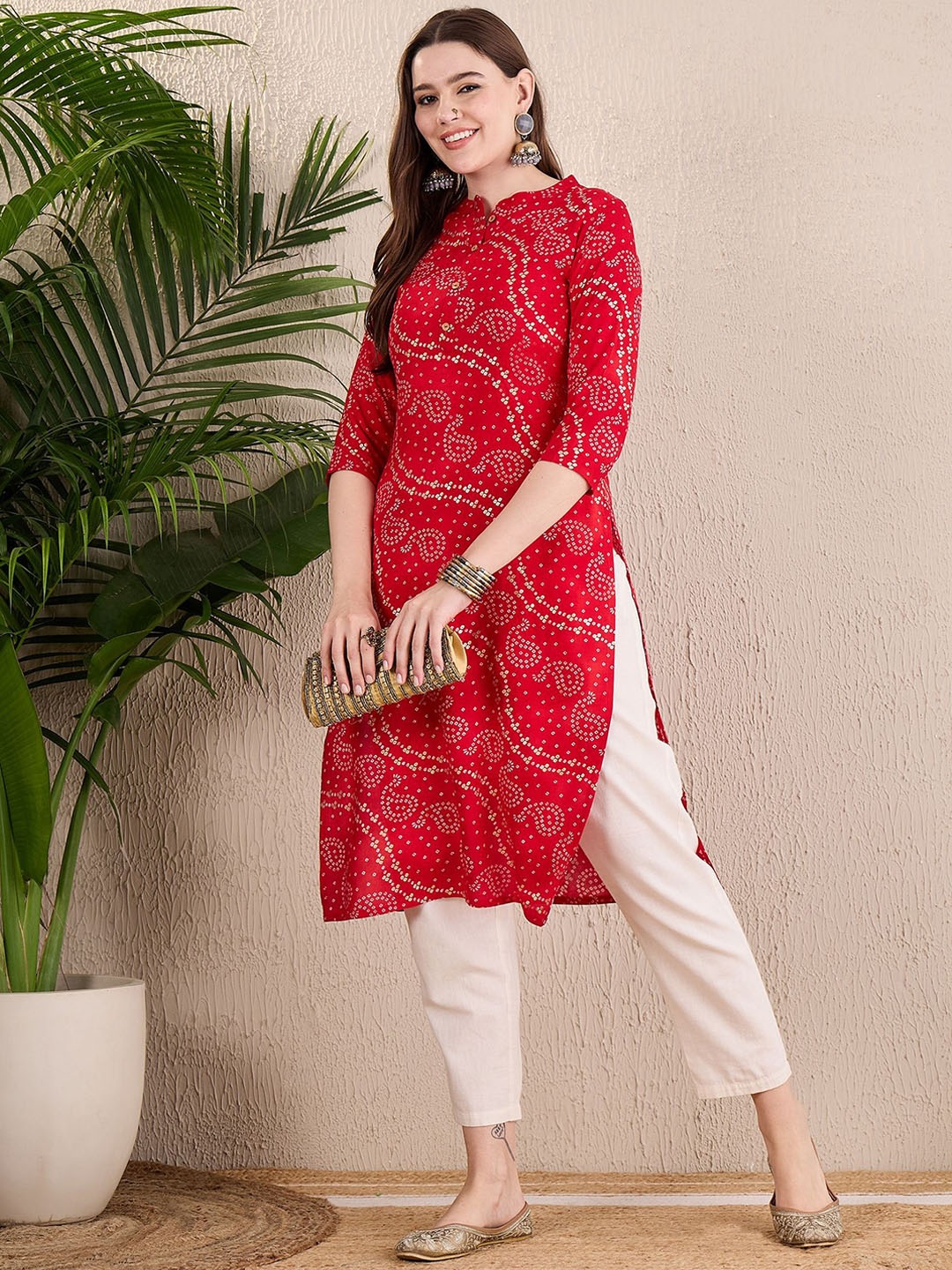 

Anouk Women Printed Mandarin Collar Straight Kurta, Red