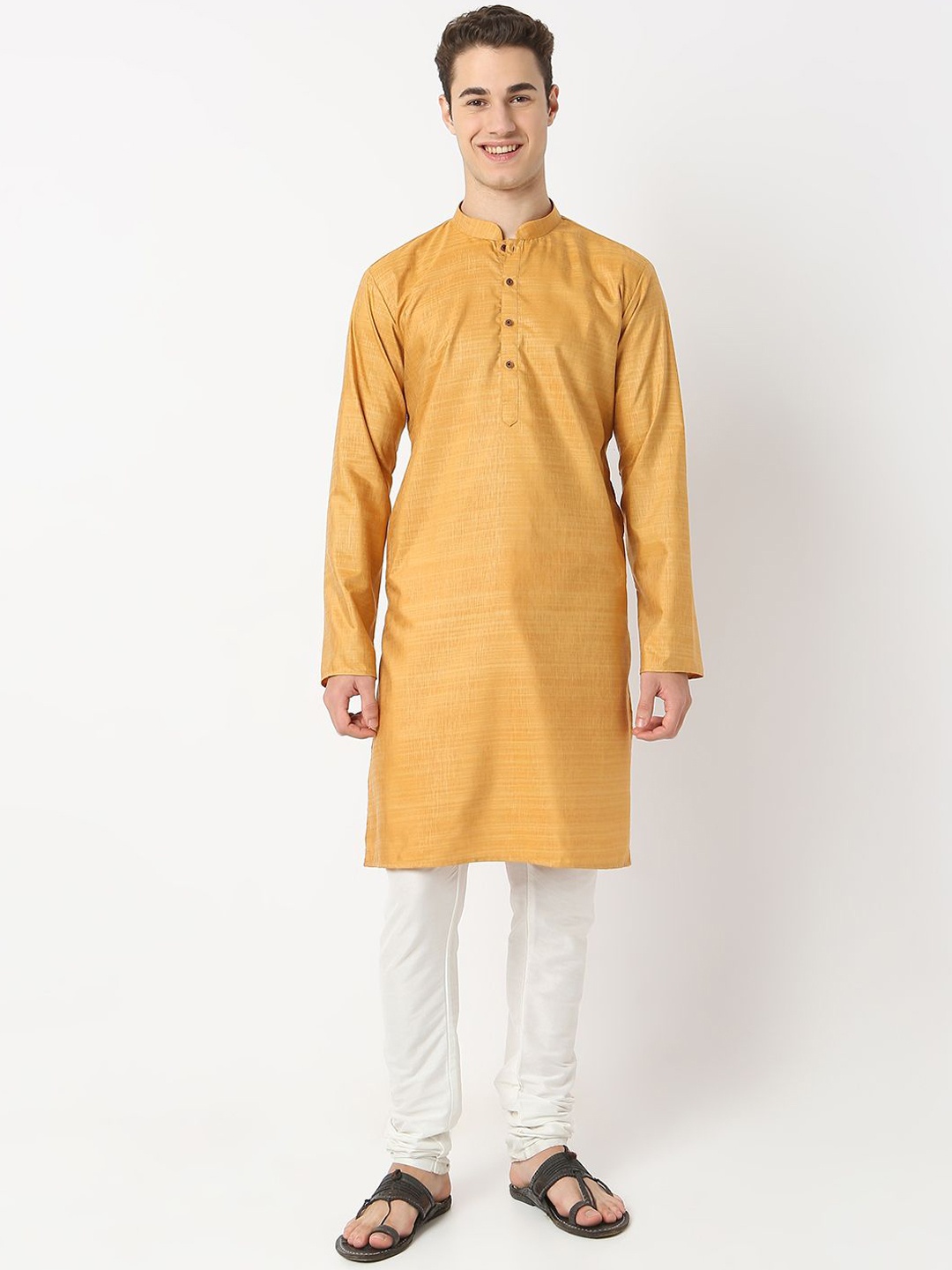 

BELLAZO Mandarin Collar Cotton Silk Straight Kurta, Yellow