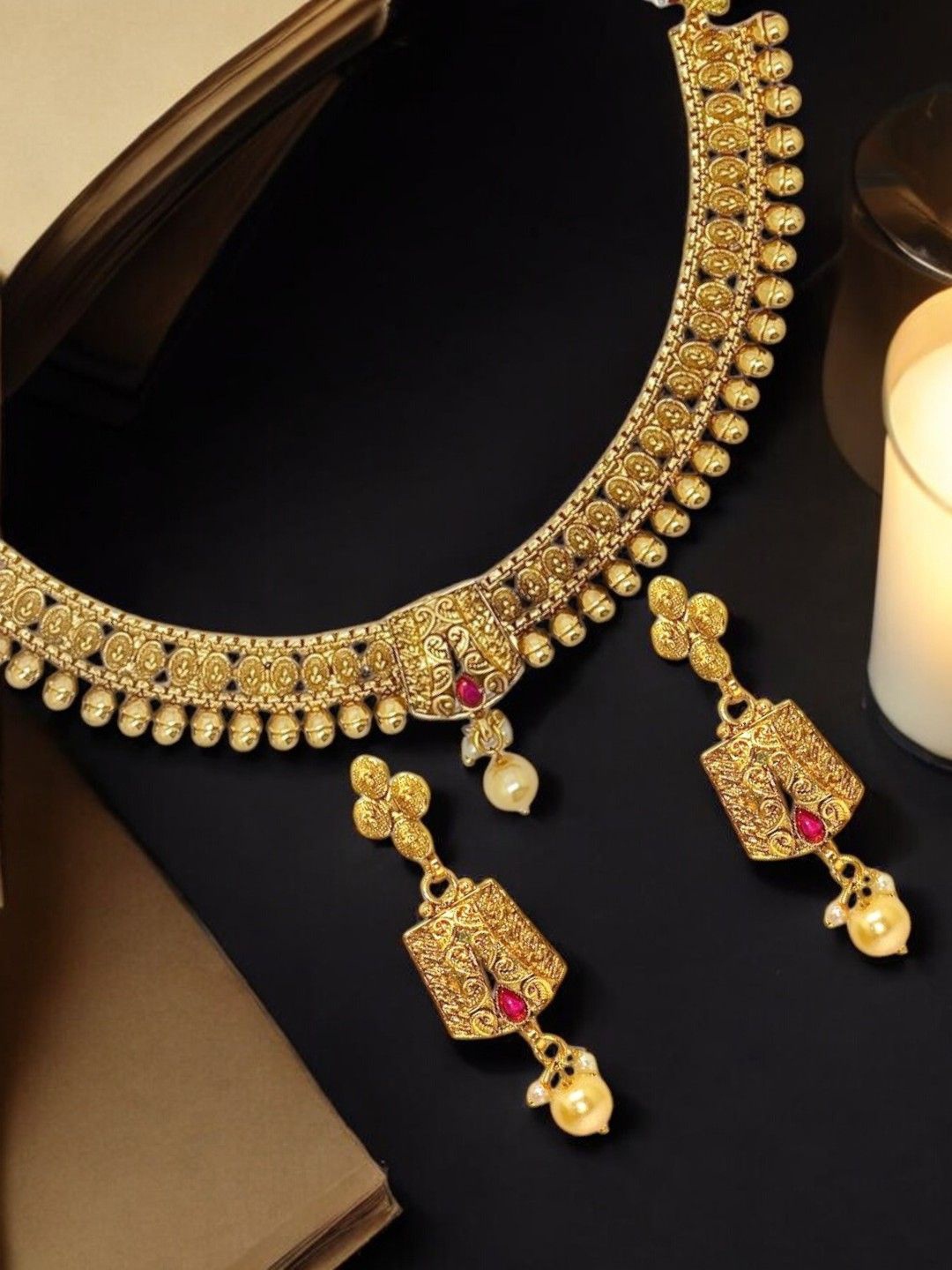 

FEMMIBELLA Gold Plated Stones Studded & Beaded Jewellery Set