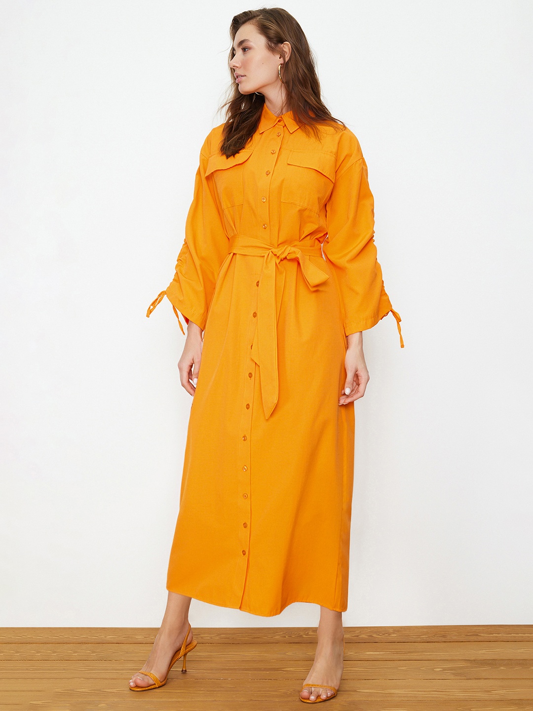 

Trendyol SolidTie-Ups Detail Shirt Midi Dress, Orange