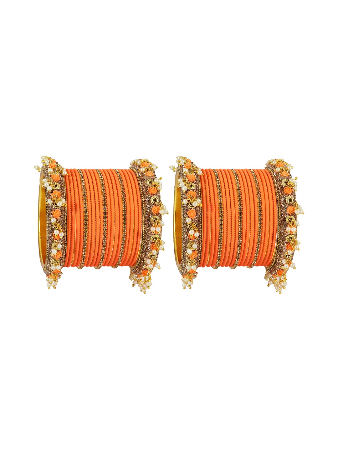 

ZULKA Set of 32 Zircon Gemstone Studded Pearls and Velvet Metal Bangles, Orange