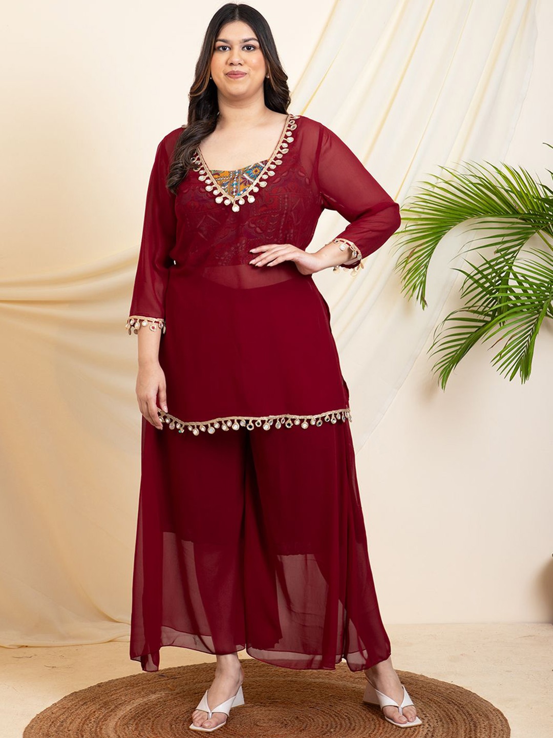 

DEEBACO Embellished V-Neck Three-Quarter Sleeves Top With Palazzo With Inner Bustier, Maroon