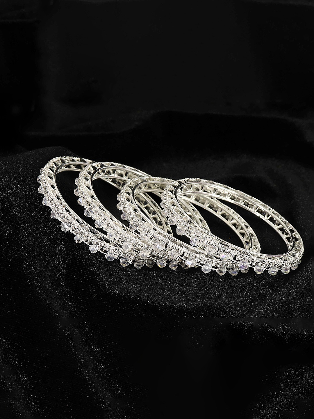 

ZULKA Set of 4 Stylish Metal Zircon Gemstone & Pearls Beads Bangles Kada, Silver
