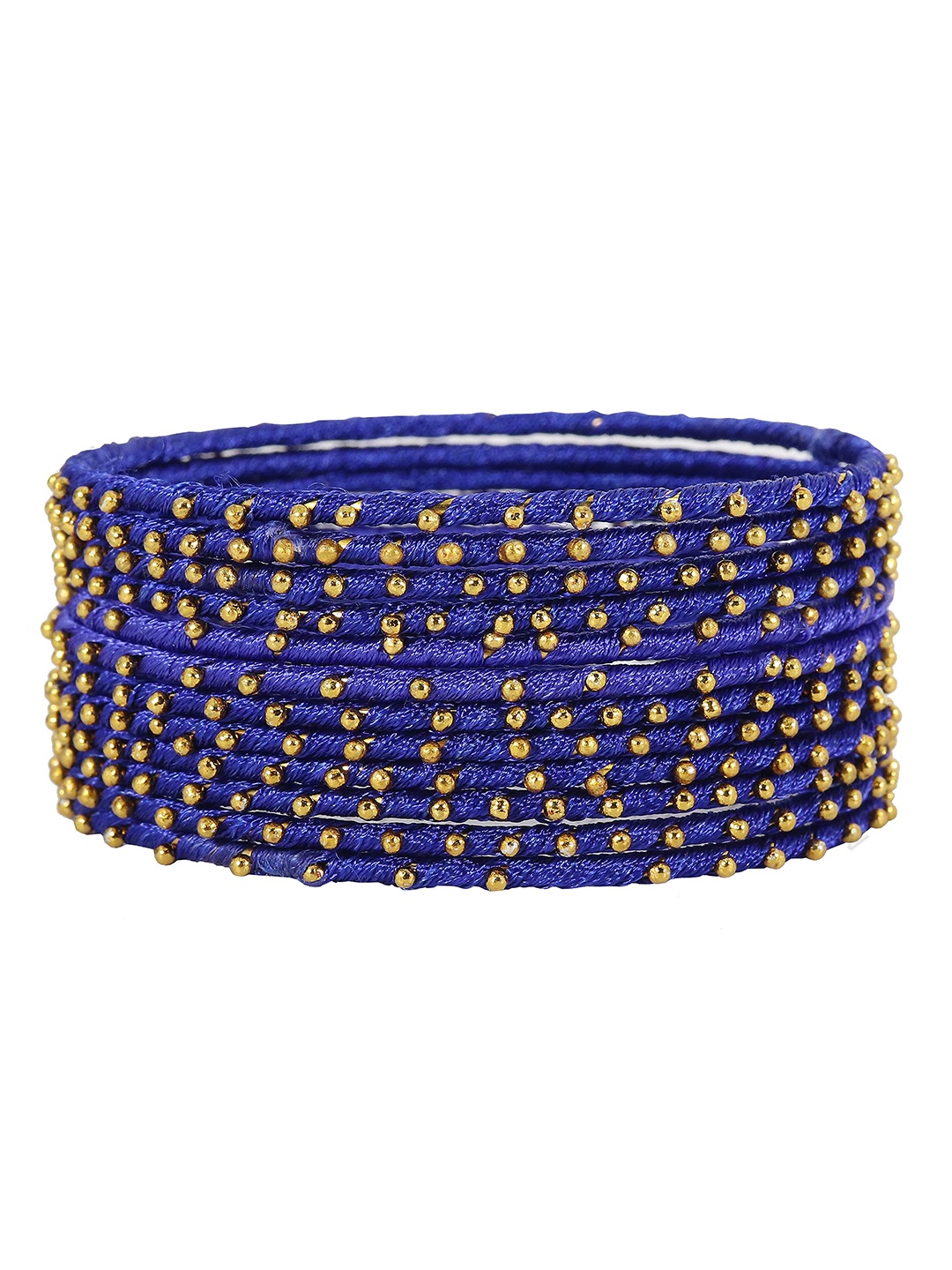 

ZULKA Set of 12 Silk thread Ball Stone Studded Metal Bangles, Blue