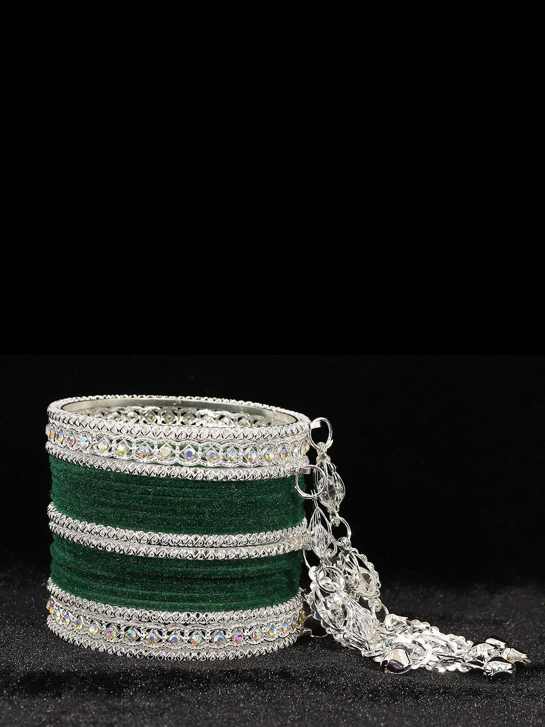 

ZULKA Set of 40 Zircon Gemstone and Bells Velvet Latkan Metal Bangles, Green
