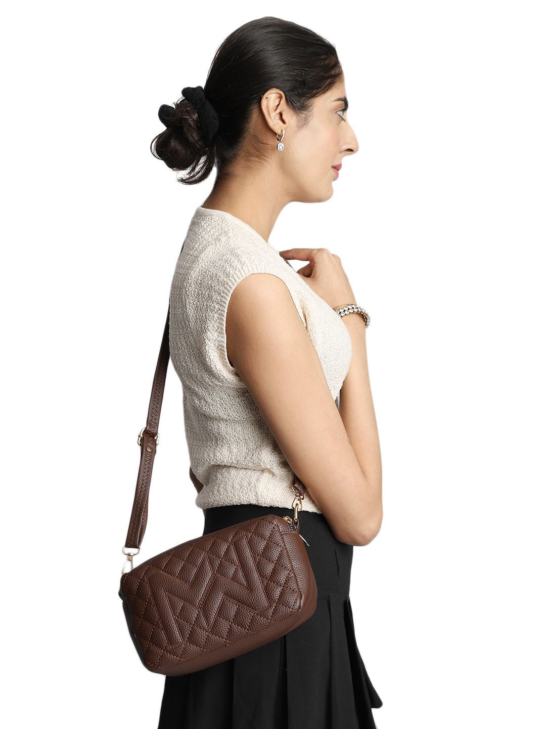 

MINI WESST Women Textured Structured Sling Bag, Brown