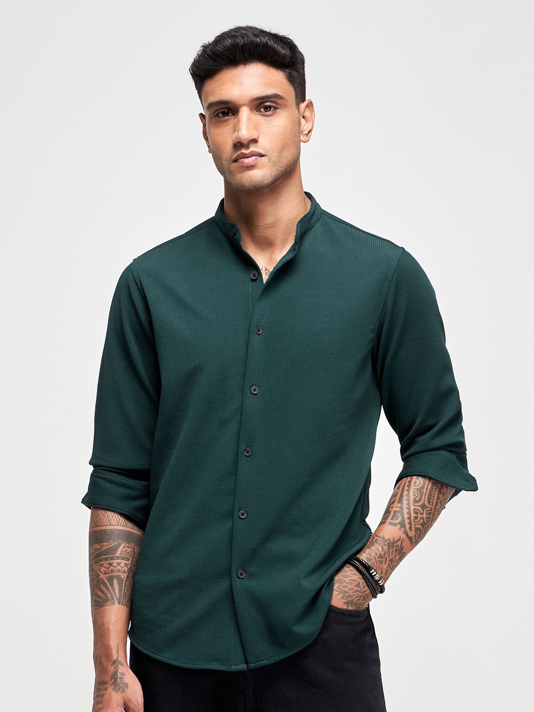 

Red Flame Men Band Collar Textured Cotton Linen Casual Shirt, Olive
