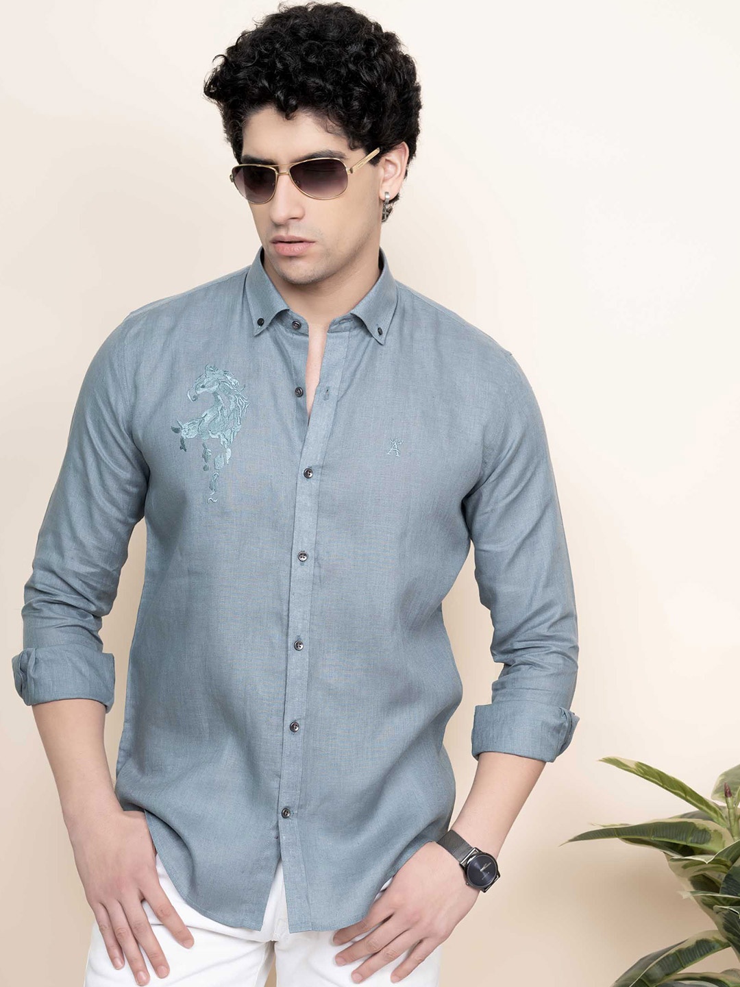 

ALMATY Men Comfort Button-Down Collar Printed Linen Casual Shirt, Blue