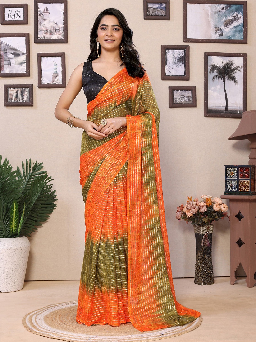 

LeeliPeeri Designer Striped Pure Georgette Ready to Wear Saree, Orange