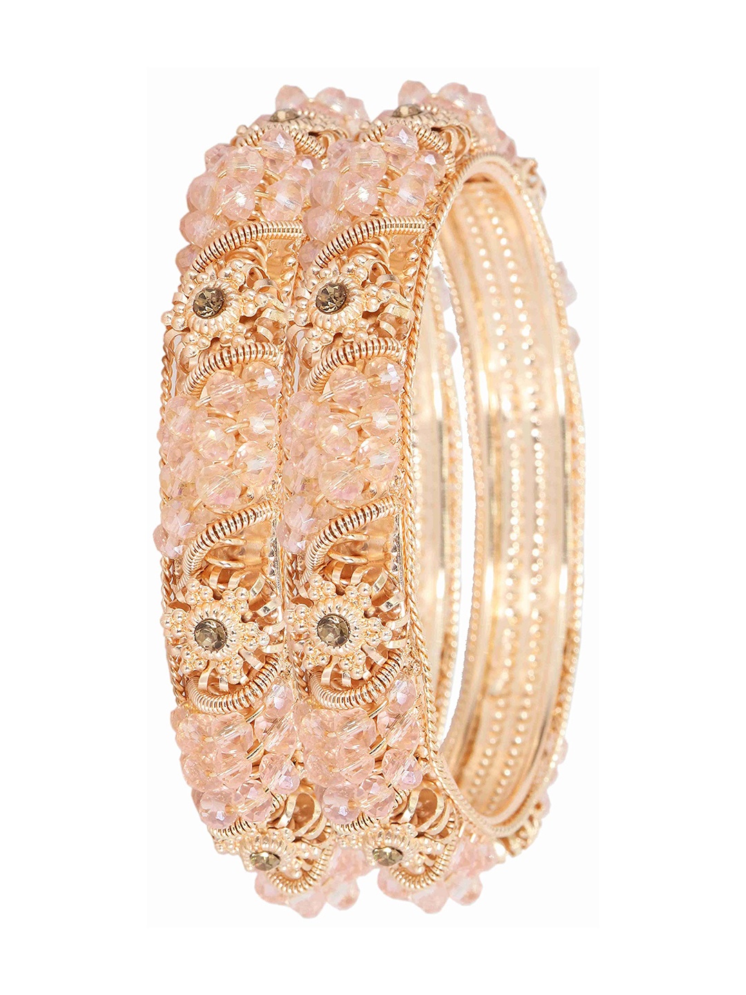 

ZULKA Set of 2 Metal with Zircon Gemstone Beads Kada Bangles, Pink