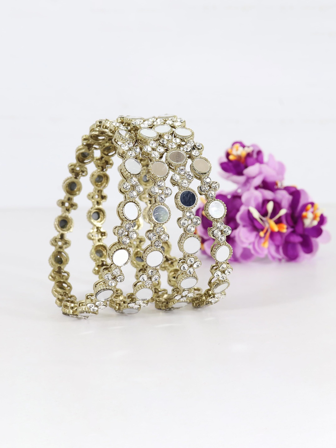 

ZULKA Set of 4 Mirror Work Metal with Diamond Stone Studded Bangles, Metallic