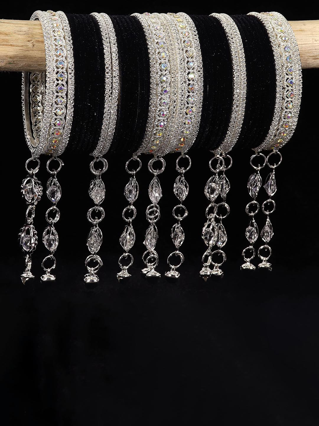 

ZULKA Set of 40 Metal With Zircon Gemstone and Bells Latkan Linked Velvet Bangles For Women, Peach