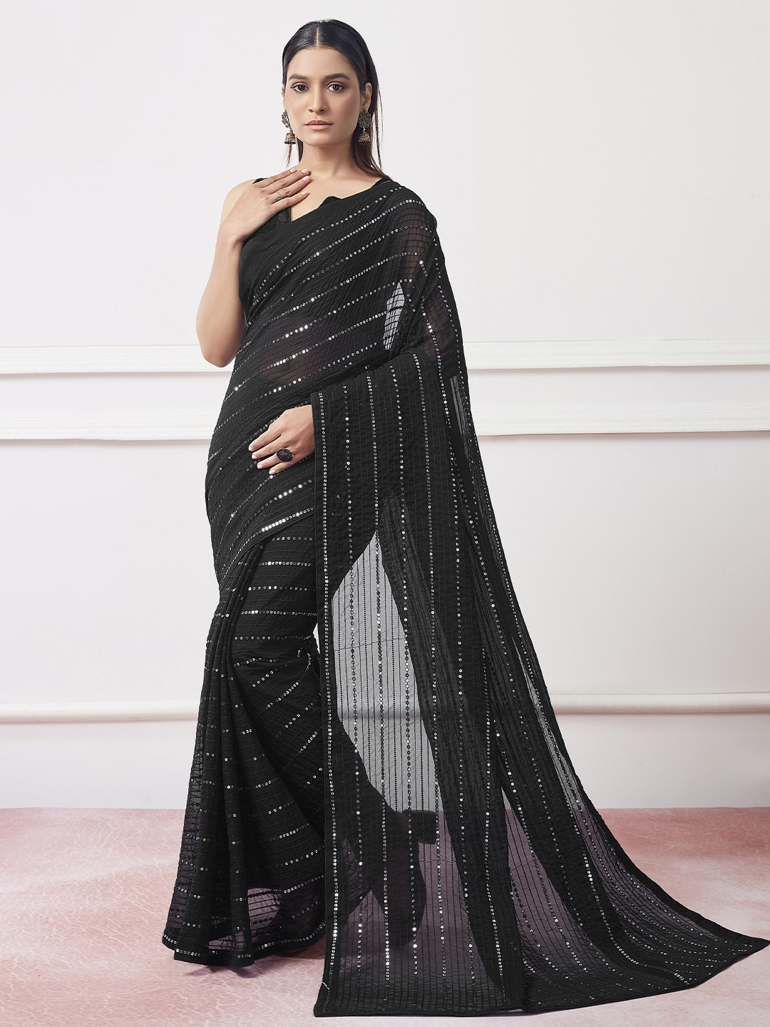 

KSM PRINTS Women Embellished Pure Georgette Saree, Black