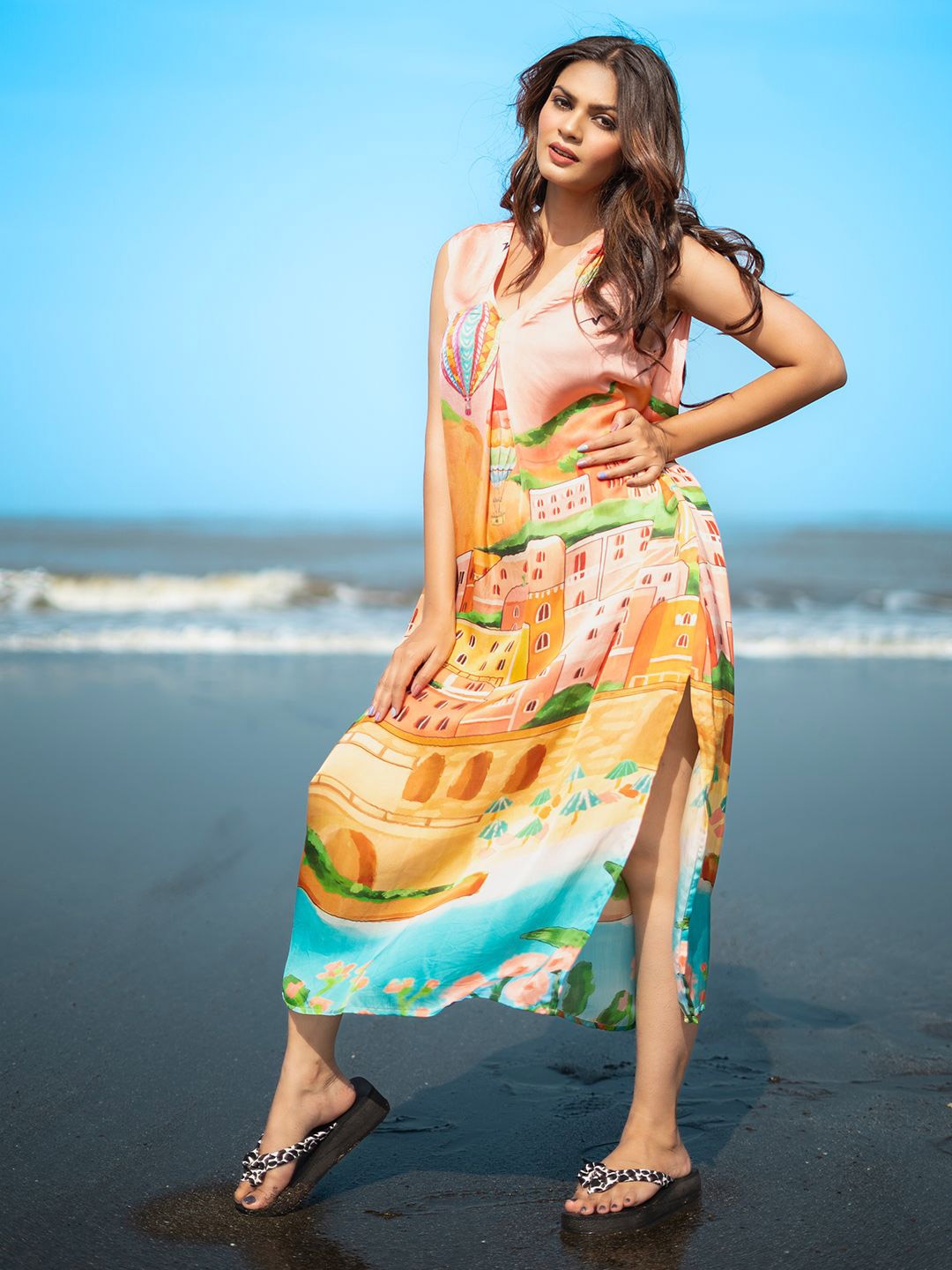 

EARTH O FAB Women V-Neck Printed Sleeveless A-Line Midi Dress, Peach